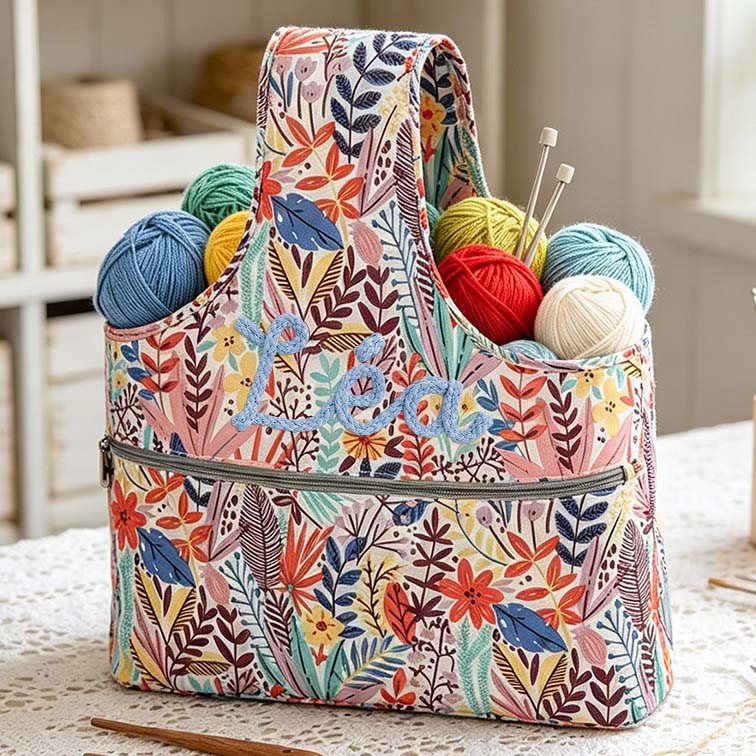 Personalized Chenille Name Crochet Tool Storage Tote Bag Drawstring Inner Pocket a Tote Bag Large Capacity Storage Bag for Knitted and Crochet Items with 3 Accessory Pockets
