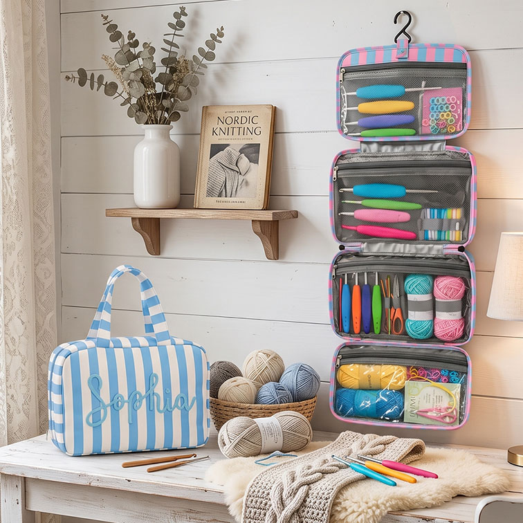 Personalized 3D Chenille Name Crochet Tool Storage Bag Custom Expandable Hanging