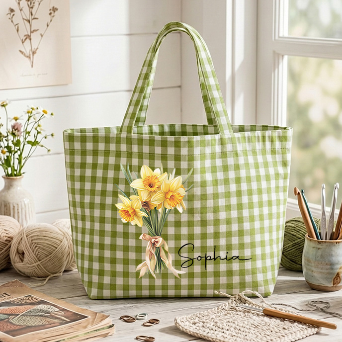 Personalized Crochet Tool Storage Tote Bag Gingham Tote Bag Custom Name Canvas Tote Reusable Shopping Bag