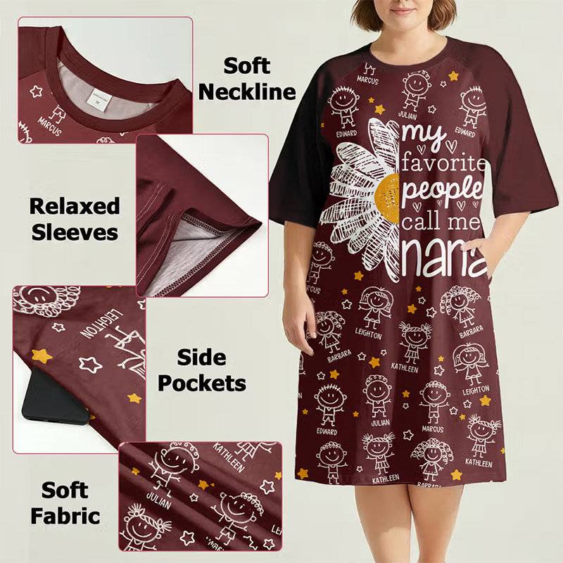Personalized 1-12 Cartoon Line Art Kids Nightgown with Names and Side Pocket Daily Wear Mother's Day Birthday Gift for Grandma Mom