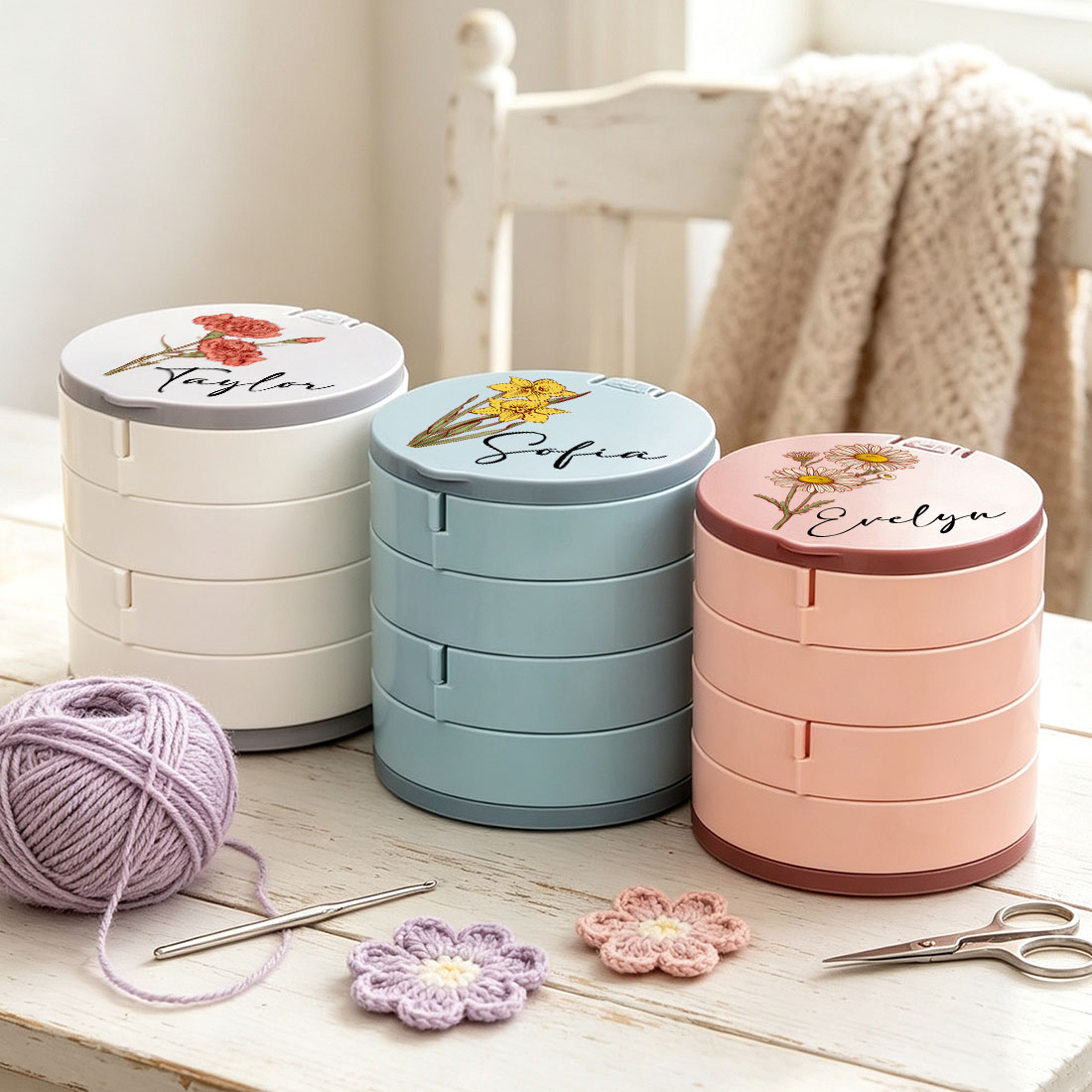 Personalized Knitting Crochet Notions Case Storage Box Rotating Multi-Layer Compartment Crochet Tool Case Custom Name with Birth Flower