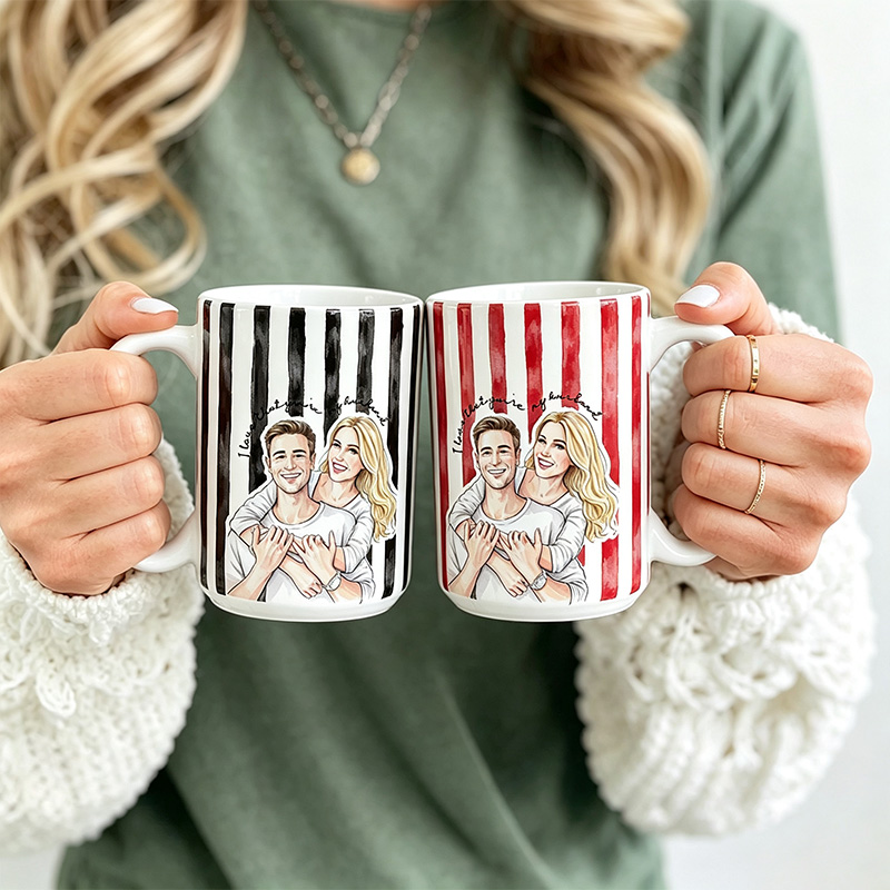 Personalized Watercolor Couple Photo Mug Stripe Custom Picture Coffee Cup Gift For Husband Wife Anniversary Valentine’s Day Gift for Her