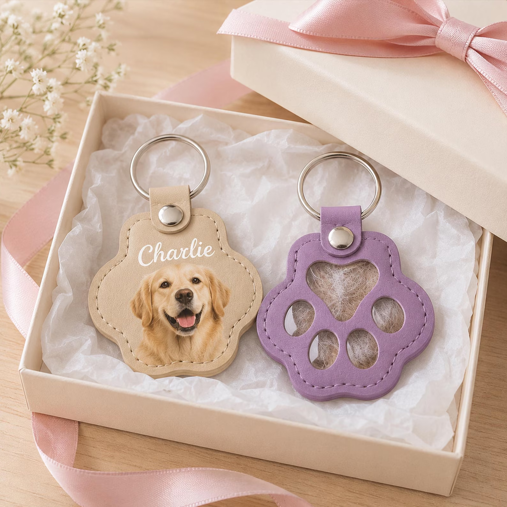 Personalized Pet Fur Keepsake Keychain Custom Dog Cat Memorial Keyring, Pet Hair Holder Paw Print Photo Charm Pet Loss Gift