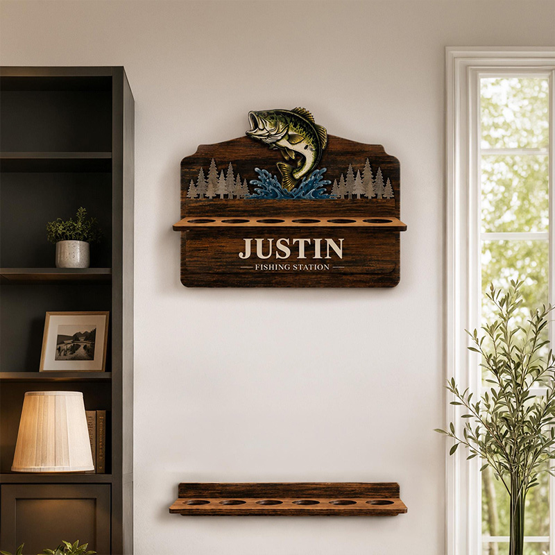 Personalized Reel Cool Dad Fishing Rod Holder Custom Angler Gift for Dad Wooden Fishing Pole Organizer Fisherman Wall Decor Bass Fishing Station Sign