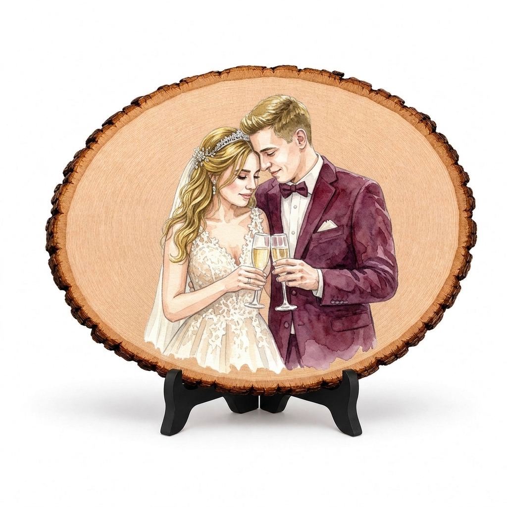 Personalized Photo Engraving Basswood Keepsake Custom Watercolor Photo Art on Wood Slice Engraved Log Slice Gift for Couple Photo Gift for Her Him
