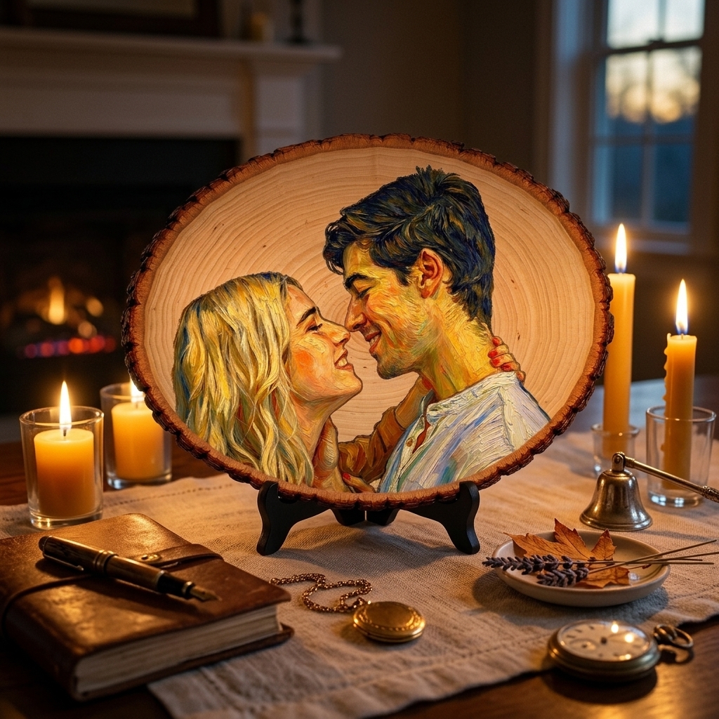 Personalized Painting Photo Engraving Basswood Keepsake Custom Photo Art on Wood Slice Engraved Log Slice Gift for Couple Photo Gift for Her Him
