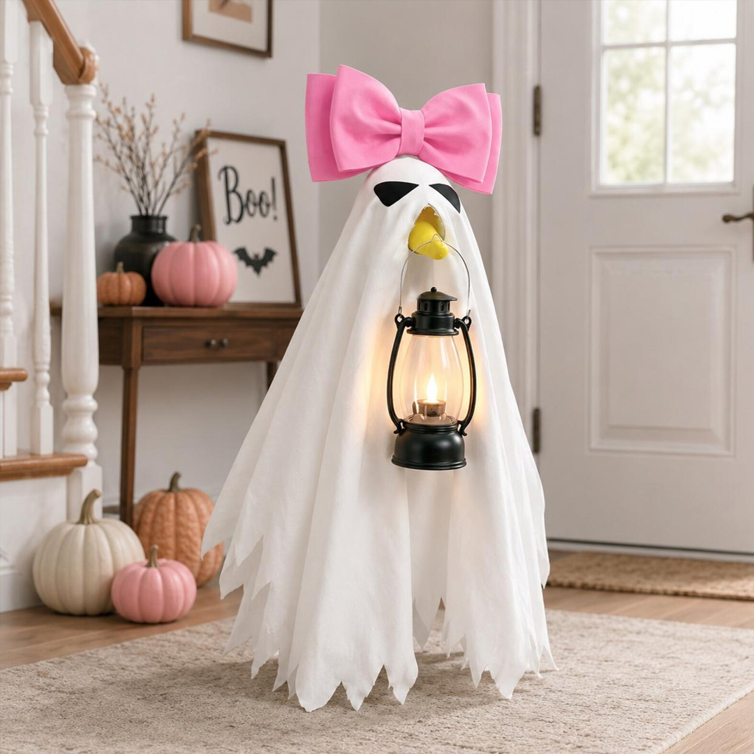Porch Goose Halloween Costume for 23 Inch Goose White Ghost Cover with Pink Bow and LED Lantern Outdoor Fall Decor Gift
