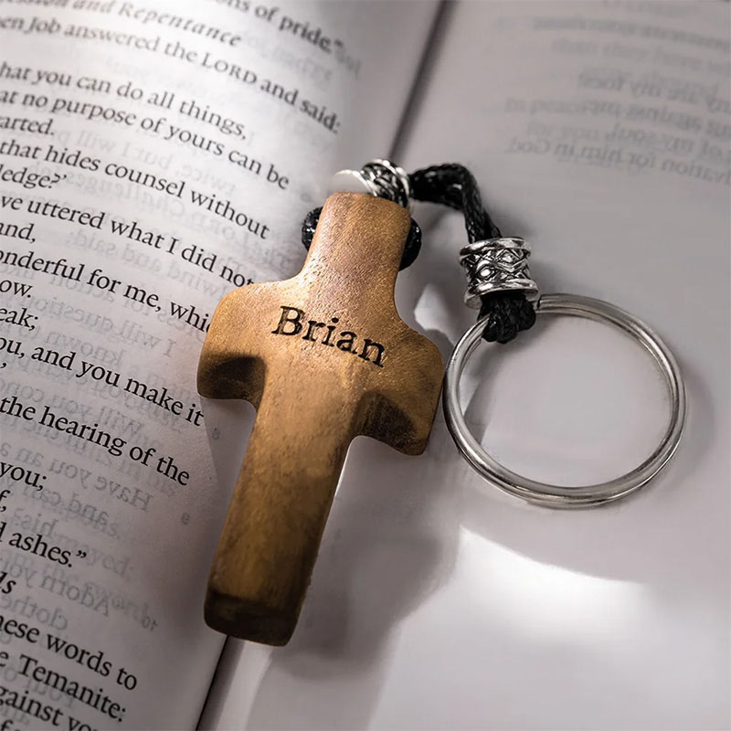Personalized Wooden Cross Heart Keychain with Initial and Name Engraving Religious Gift Birthday Gift for Christians