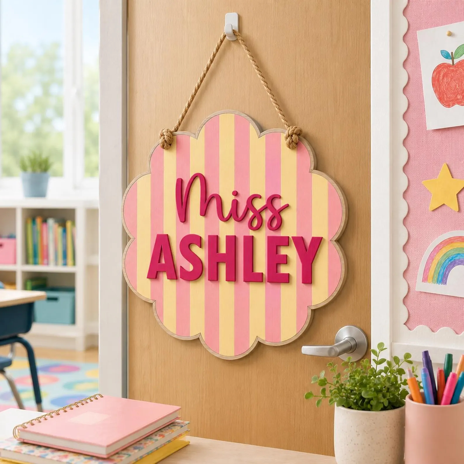Personalized Teacher Door Sign Scalloped Striped Wooden Name Plaque Custom Classroom Decor Back to School Teacher Gift