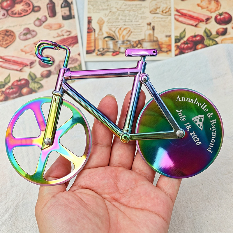 Personalized Bicycle Pizza Cutter Custom Engraved Dual Wheel Rose Gold Holographic Wedding Groomsmen Gift for Him Chef Couple Anniversary Gift