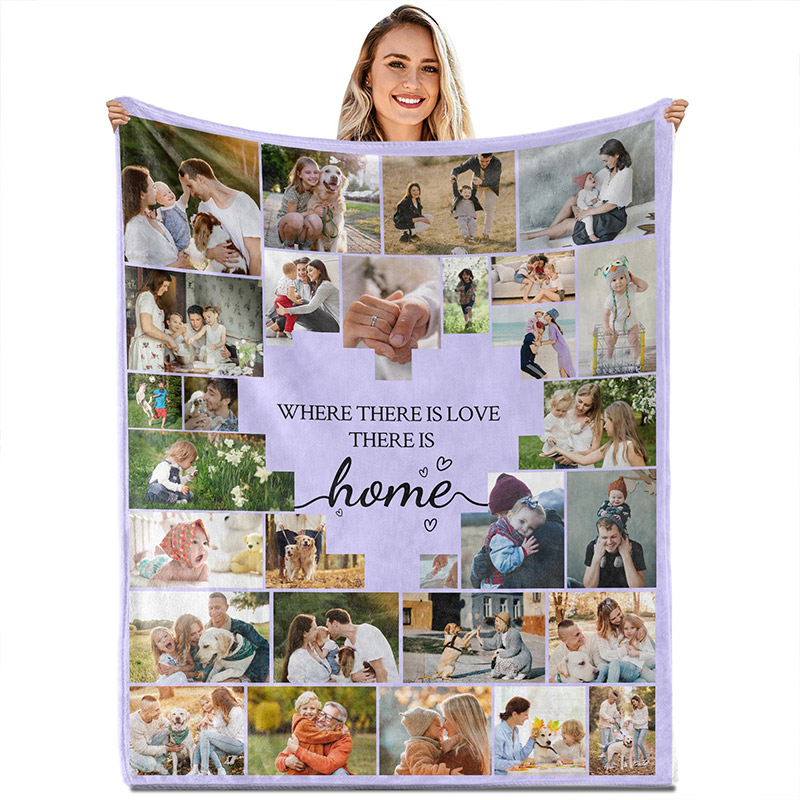 Personalized Photo Collage Flannel Blanket Custom Family Keepsake Beige Heart More than 20 Pictures