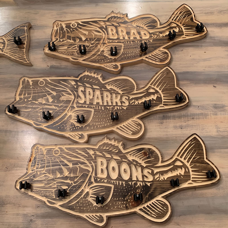 Personalized Bass Fishing Rod Holder for Dad Engraved Solid Wood Wall Mount Organizer with Name Birthday Gift for Dad Grandpa Fishing Lovers