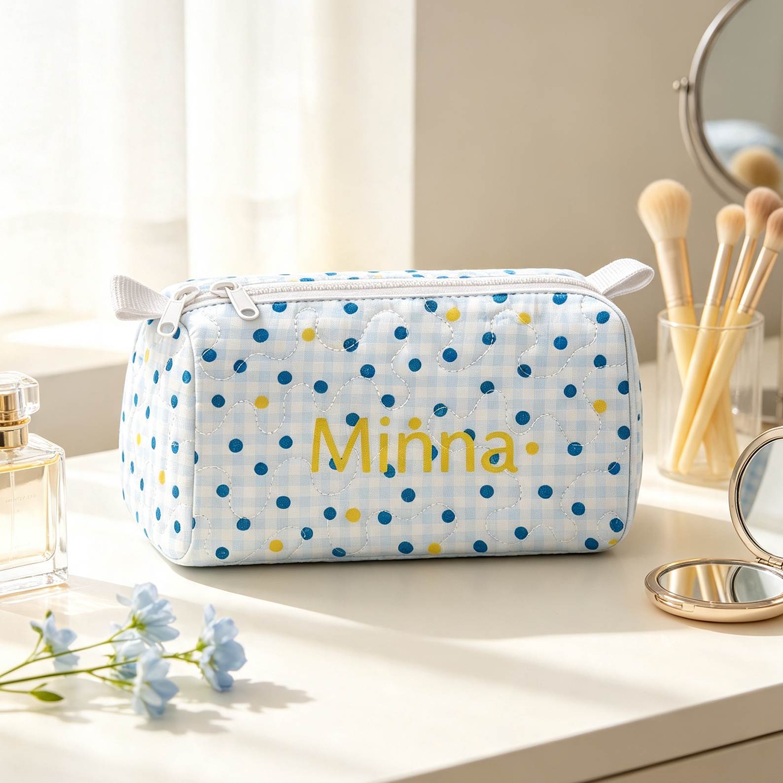 Personalized Quilted  Makeup Bag Custom Name Cosmetic Bag Quilted Toiletry Pouch Gift for Her