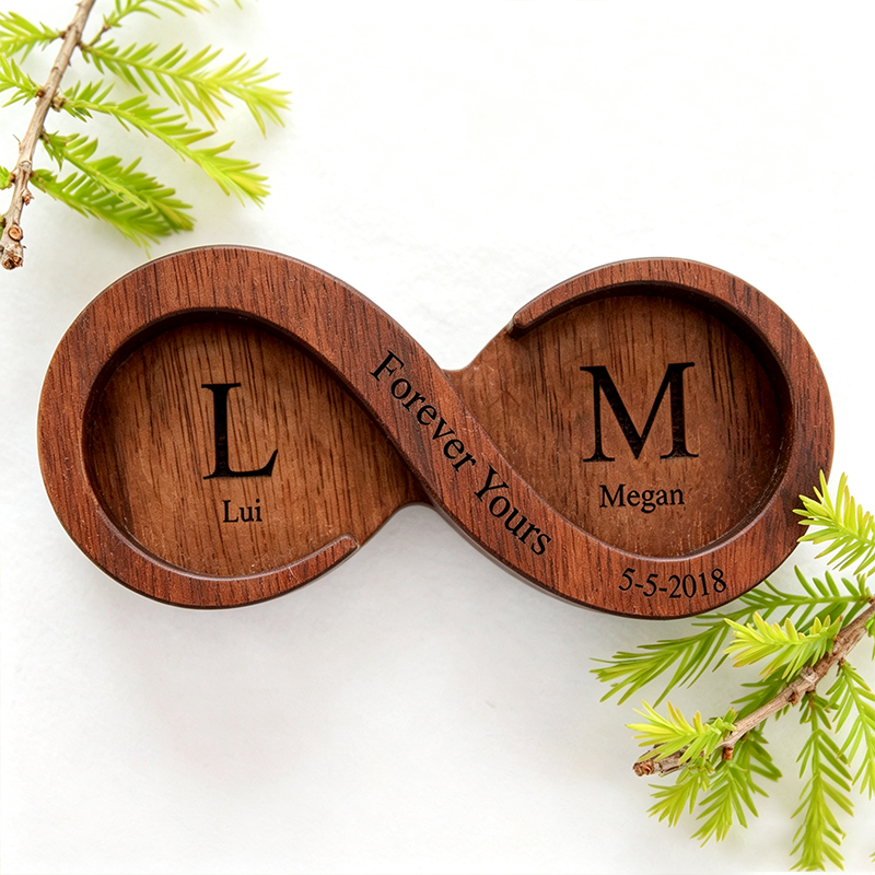 Personalized Infinity Walnut Wooden Ring Dish, Wedding Month Flower Ring Holder, Valentine’s Day Gift, Wedding, Engagement, Anniversary Gift for Her