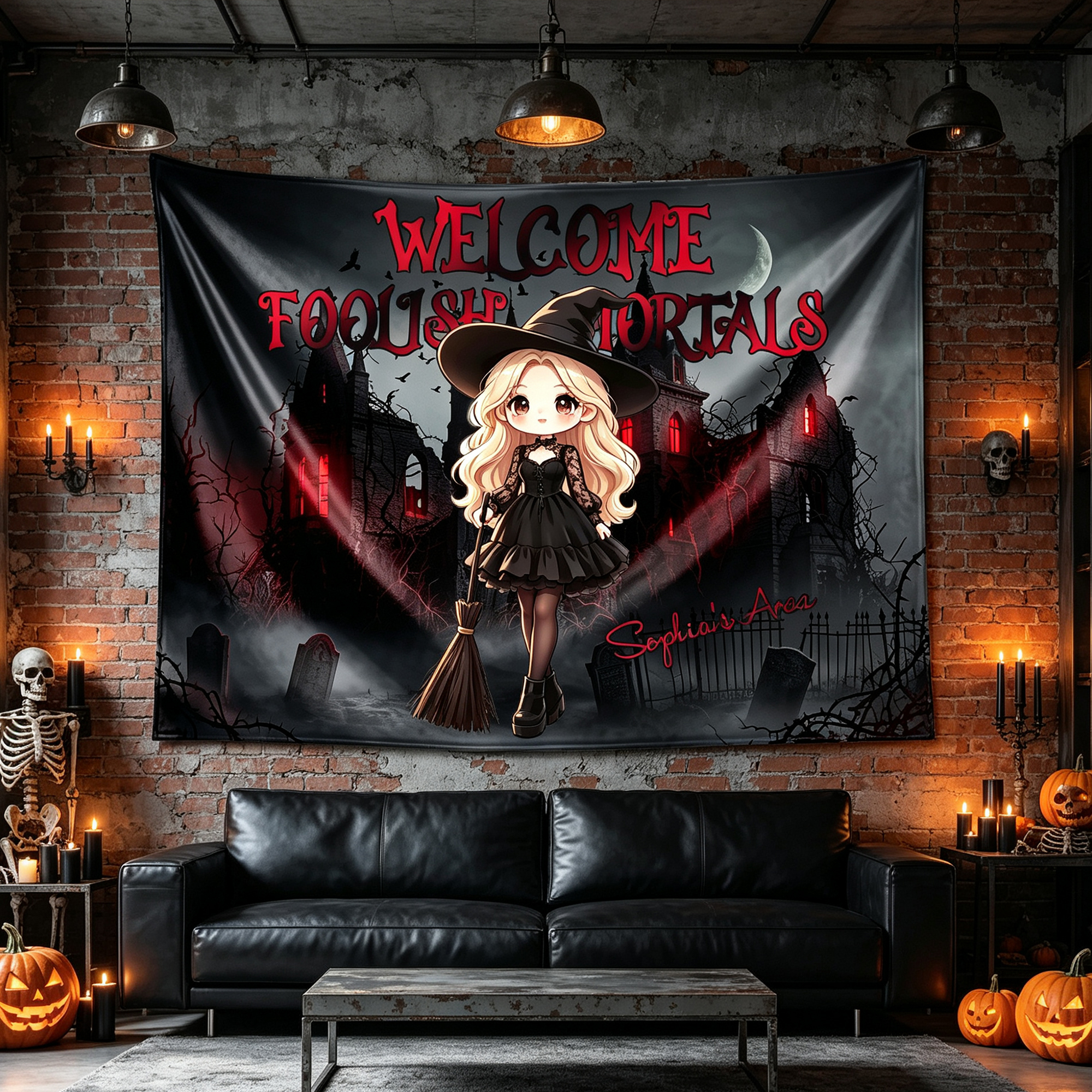 Personalized Halloween Design Tapestry with Cute Character Name Halloween Wall Decor Gift for Family