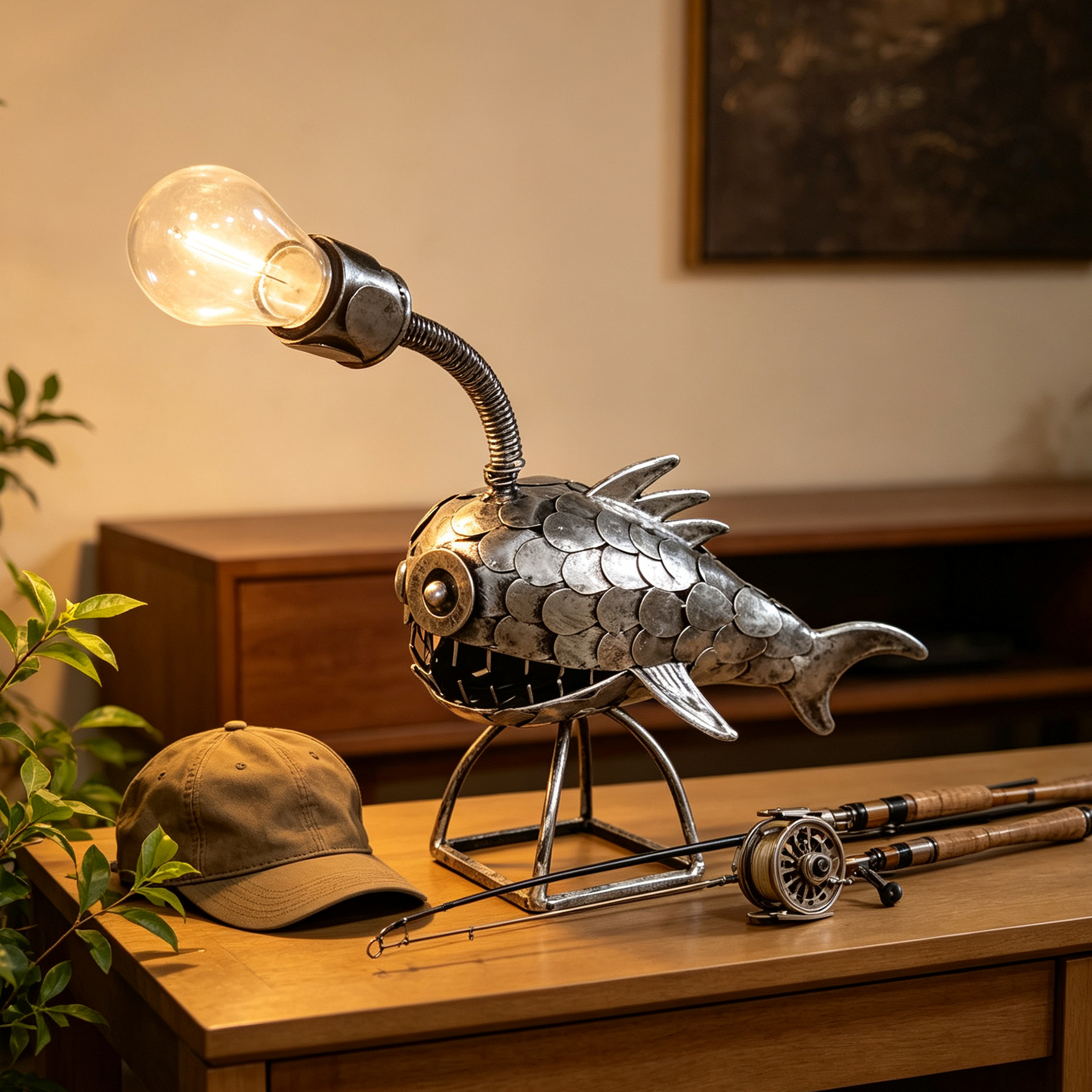Retro Angler Fish Table Lamp Vintage Metal Work Desktop Lamp for Fishing Lovers