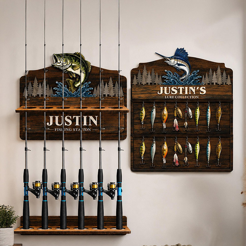 Personalized Reel Cool Dad Fishing lure Collection Holder Custom Fisherman Gift for Dad Uncle Grandpa Wooden Fishing Pole Organizer Bass Fish Wall Decor