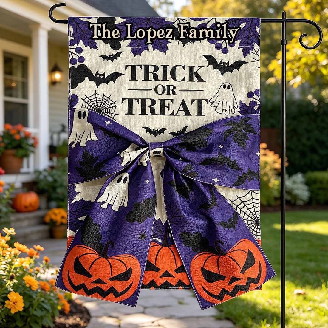 Personalized Halloween Ghost Garden Flag Custom Family Name with Pumpkins Bats & 3D Bow Festive Yard Decor