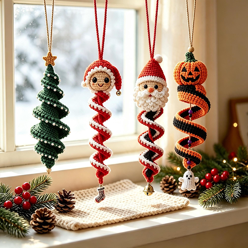 Christmas Crochet Ornament Kit, Soft Cotton Yarn DIY Spiral Santa Snowman Hanging Decor Material Pack, Holiday Craft Gift