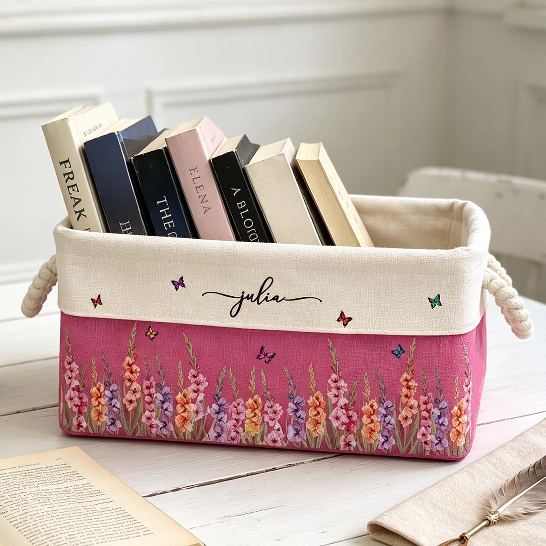 Personalized Birth Month Flower Book Basket Custom Birth Flower & Name Storage Basket For Her Wife Daughter Coworker Book Lover Gift