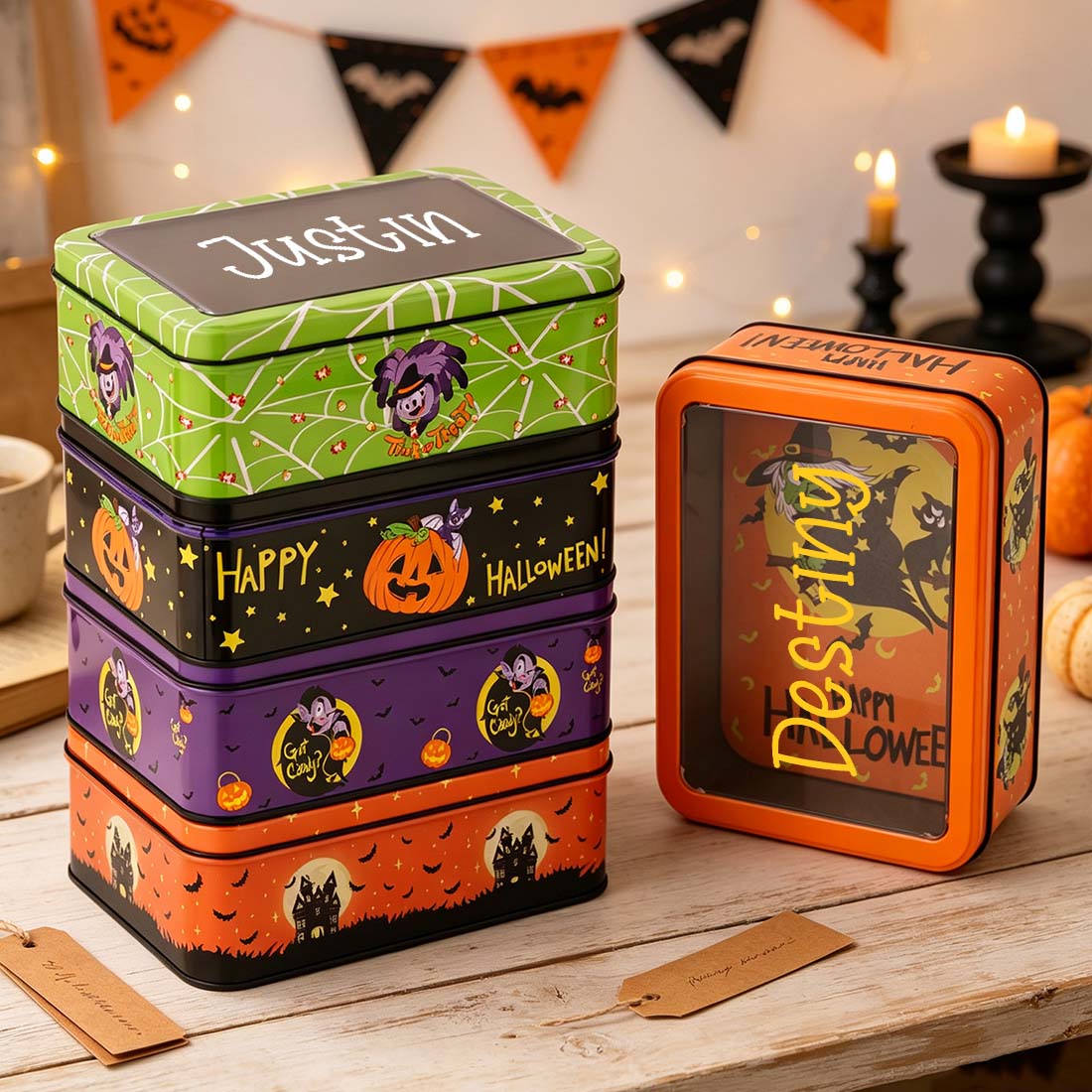 Personalized Halloween Candy Tin Box Custom Name Cookie & Treat Container with Window Lid Spooky Gift Box for Kids