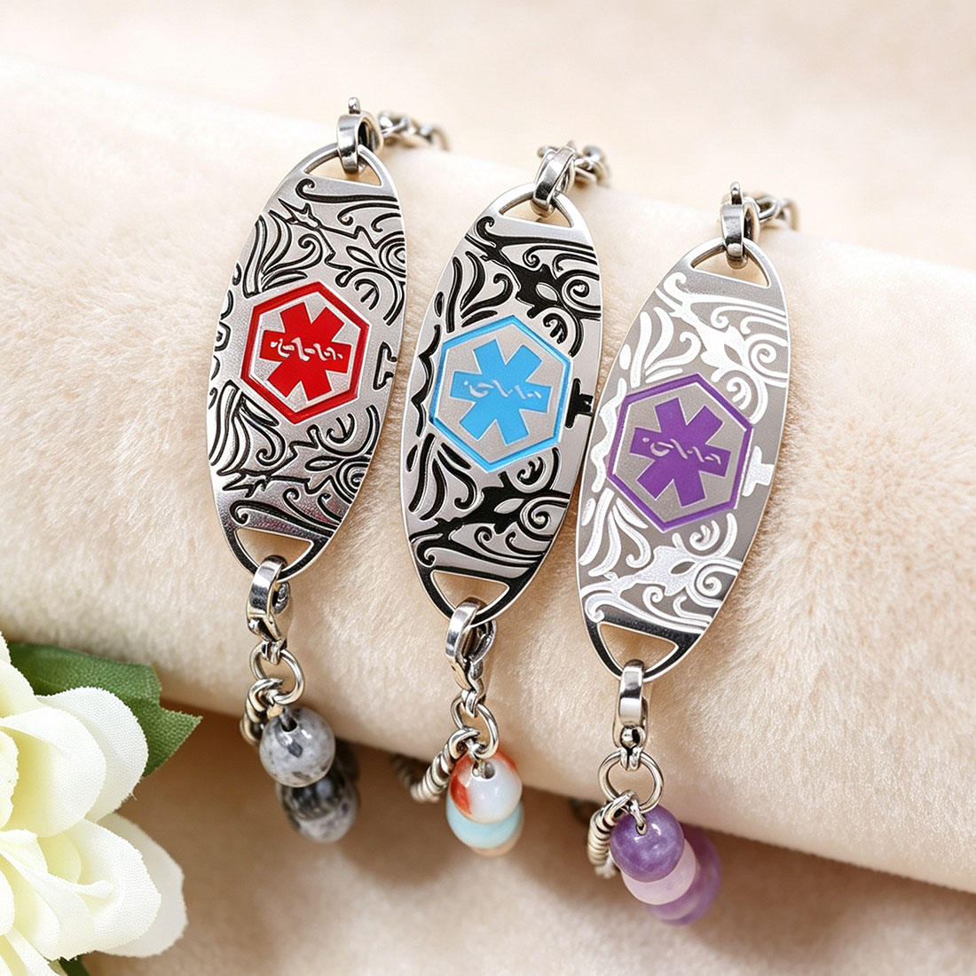 Personalized Medical Emergency Alert ID Beaded Bracelet with Engraved Text First Aid for Allergy Diabetic Women