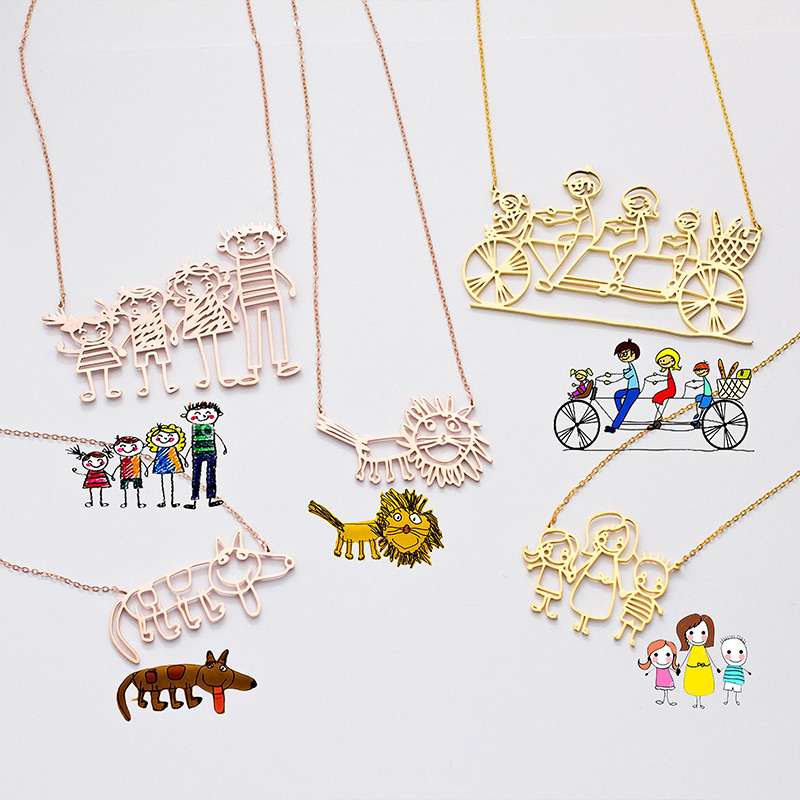 Personalized Actual Kids Drawing Necklace for Mom Grandma Custom Children Artwork Necklace Birthday Gift for Family Mother's Day Gift