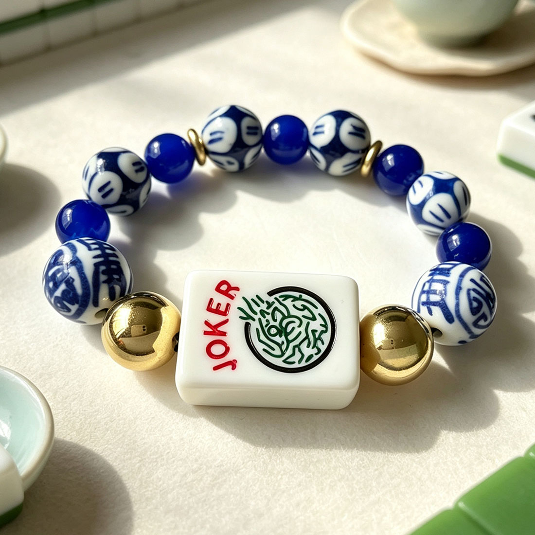 Vintage Mahjong Tile Beaded Bracelet American Mahjong Accessory with A Joker Tile