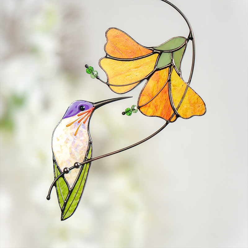 Personalized Hummingbird Stained Glass Sun Catcher Grandma Gifts Flower Stained Glass Window Hangings Gift for Mom Family