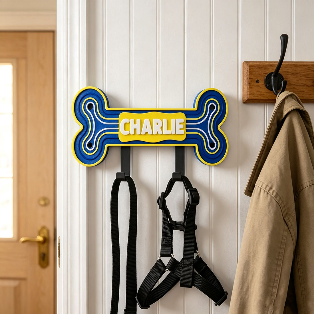 Personalized 3D Printed Bone-Shaped Pet Leash Holder with Name Home Entryway Decor Walk the Dog