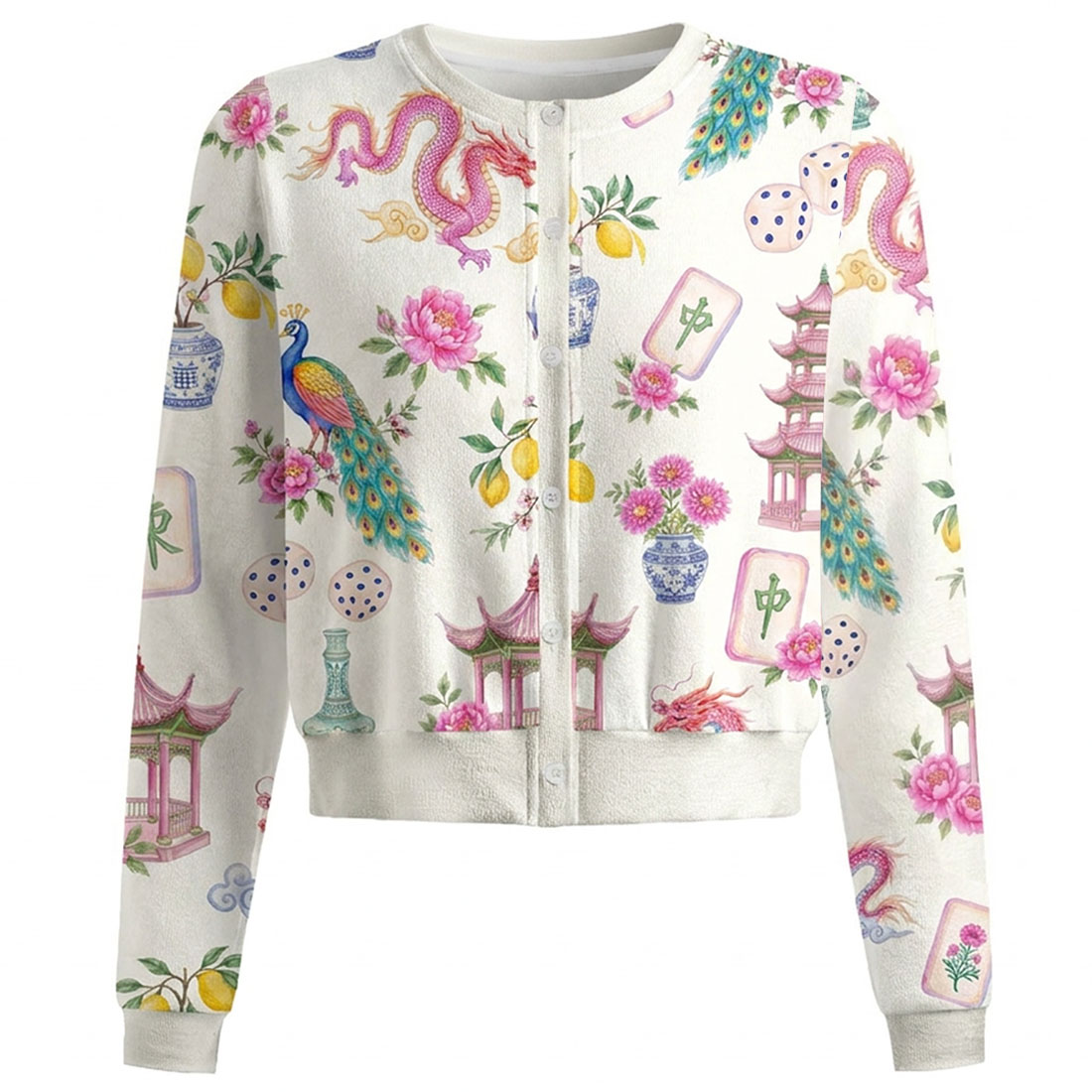 Retro Mahjong Women Crew Neck Cardigan Sweaters Chinoiserie Pattern Asian Art Short