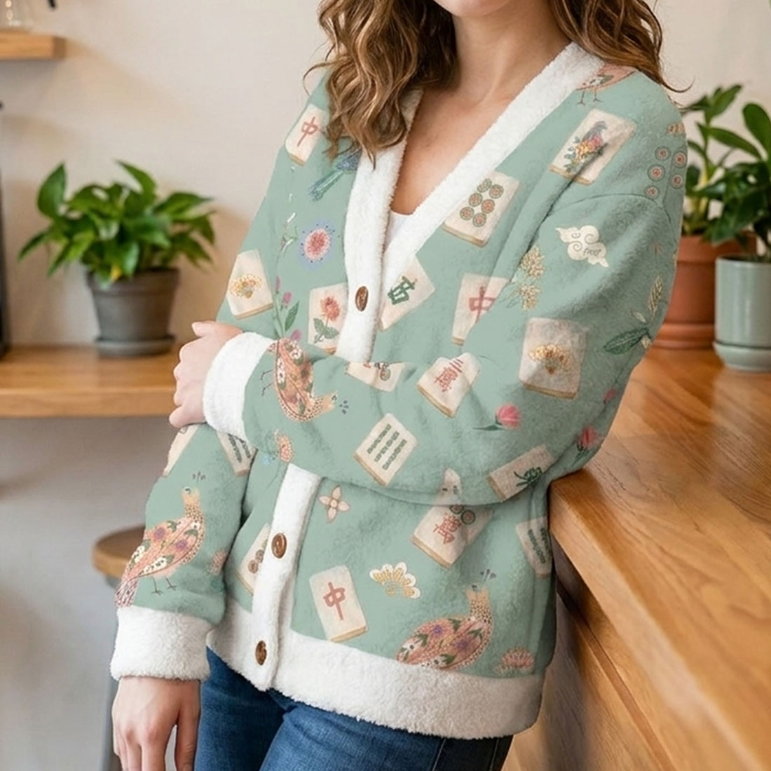 Retro Mahjong Women Light Knit Unisex Cardigan Sweaters Chinoiserie Pattern Asian Art Short