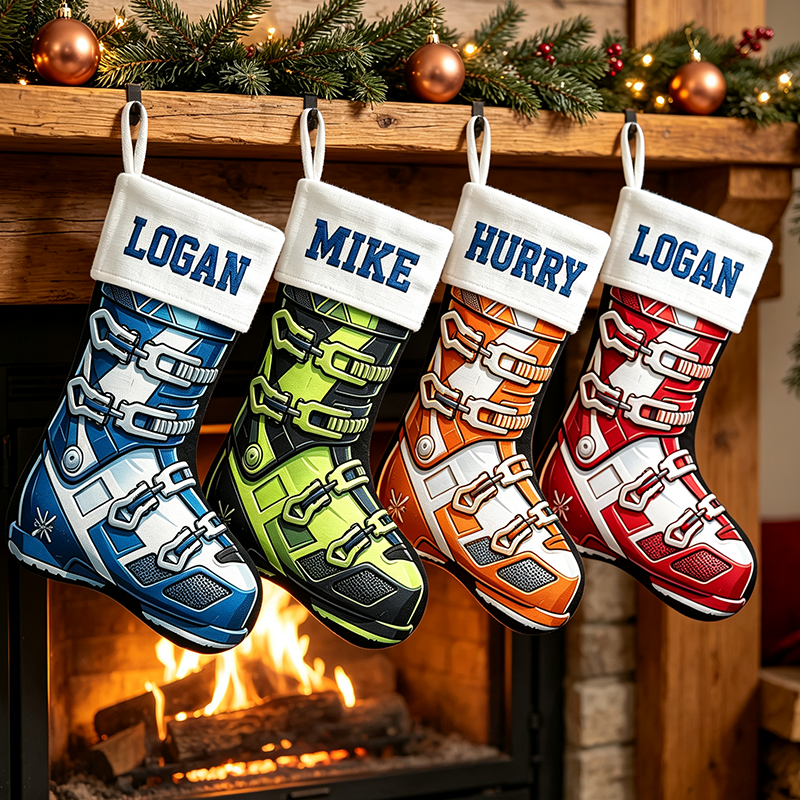 Personalized Ski Boot Christmas Stocking, Custom Name Skiing Christmas Stocking, Gift for Skiers, Winter Sports Family Holiday Mantel Decor