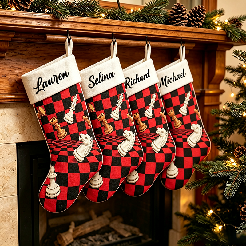 Personalized Name Chess Christmas Stocking, 3D Chess Pieces Checkerboard Pattern Custom Holiday Stocking, Customized Christmas Decor Gift for Chess Lovers, Family Christmas Mantel Decoration