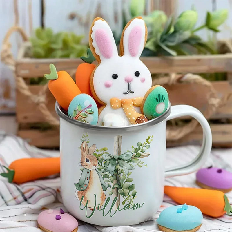 Personalized Cute Peter Rabbit Bow Cross Colored Rim Stainless Steel Enamel Mug with Name Easter Back to School Birthday Gift for Kids