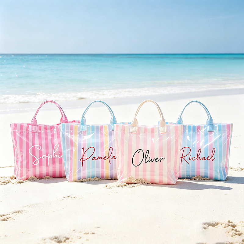 Personalized Girls Beach Traveling Waterproof Striped Tote Bag Custom PVC Pool Bag Bridesmaid Gift Future Bride Tote Reusable Shopper Bag