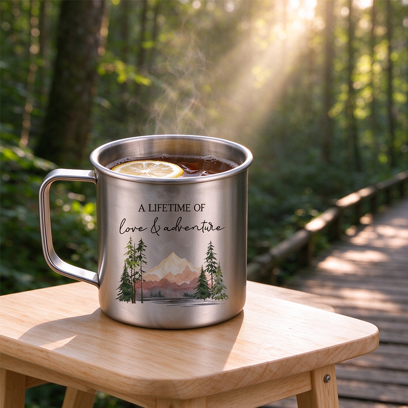 Personalized A Lifetime Of Love And Adventure Titanium Mug Set, Custom Couple Mountain Wedding Anniversary Camping Mugs