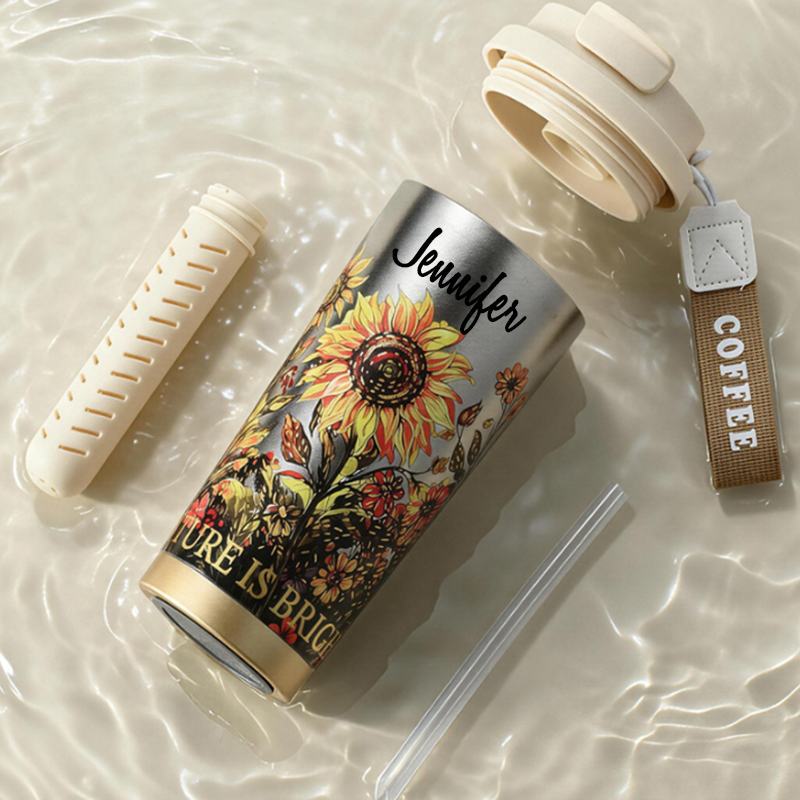 Personalized Floral Art Pure Titanium Travel Coffee Tumbler, Vintage Flower Insulated Cup With Carry Strap, Sunflower Lily of the Valley Iris Mountain Flower Mug