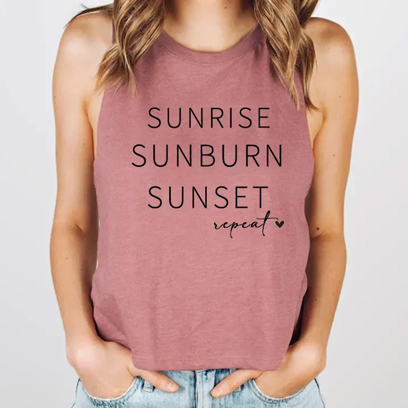Personalized Sunrise Sunburn Sunset Repeat Tank Top Gym Funny Workout Crop Top for Women Minimalist Shirt for Weightlifting or Fitness Motivation Gym Lover