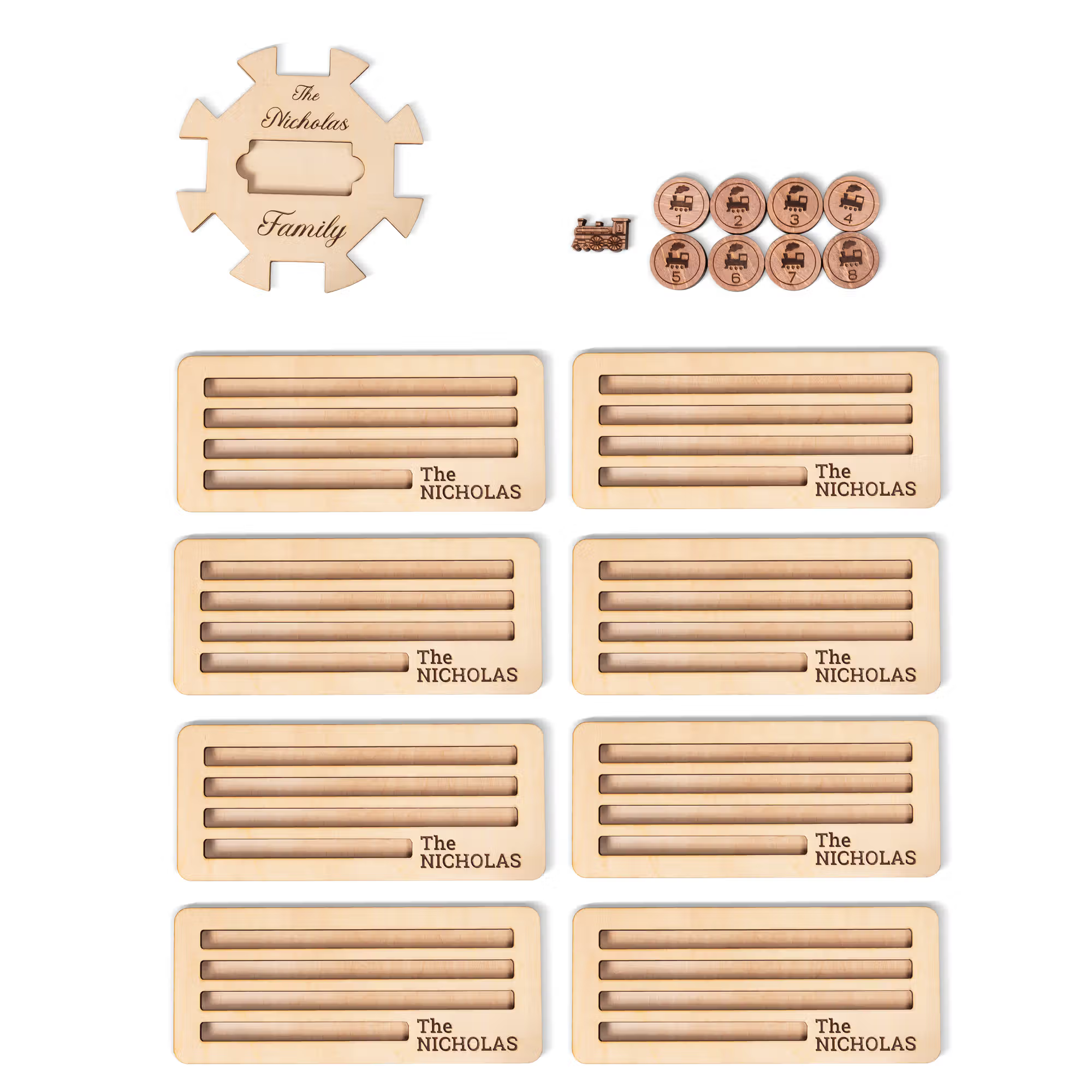Custom Wooden Mexican Train Domino Hub & Holder - Engraved Basswood Set 11 or 15 Holder, Gift for Family