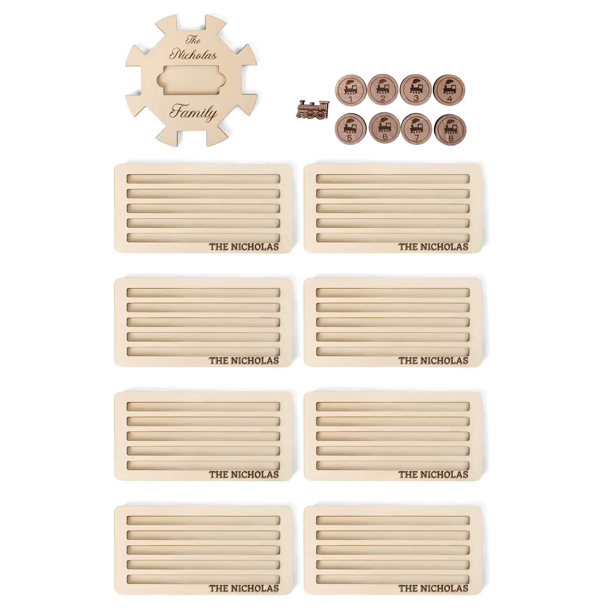 Custom Wooden Mexican Train Domino Hub & Holder - Engraved Basswood Set 11 or 15 Holder, Gift for Family