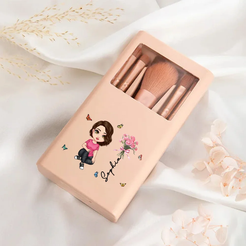 Personalized Birth Flower Bouquet Name Cartoon 5 Pcs Makeup Brush Bridesmaid Gift Storage Box Set with Mirror Birthday Bridal Shower Gift for Her