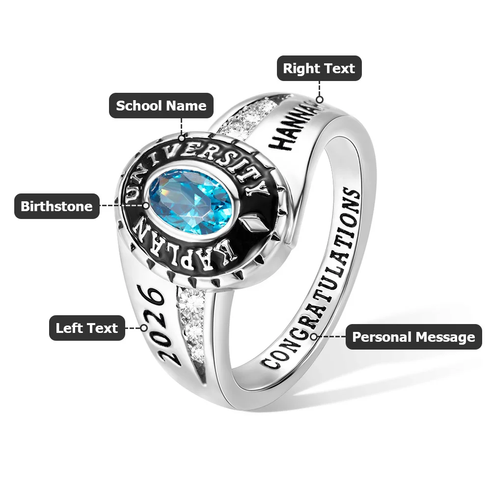 Personalized Class Rings for Men Women, Sterling Silver Birthstone Name Graduation Ring Senior Rings Gifts for Graduates