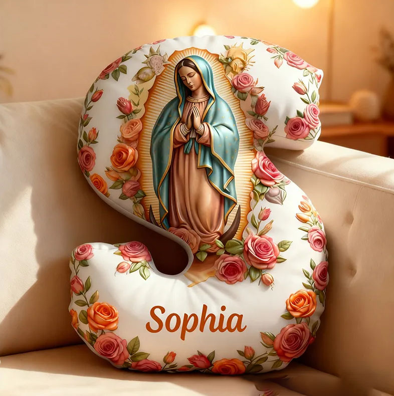 Personalized Virgin Mary Letter Pillow with Custom Name Home Decor Religious Christian Gift for Her Our Lady of Guadalupe Rose Graphic 3D Print Pillow