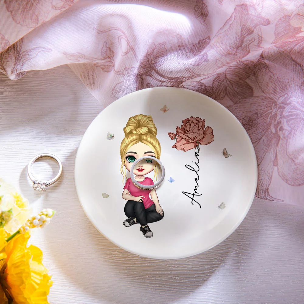 Personalized Cute Cartoon Character Ceramic Ring Dish Jewelry Tray with Birth Flower and Name Birthday Bridesmaid Wedding Gift for Her