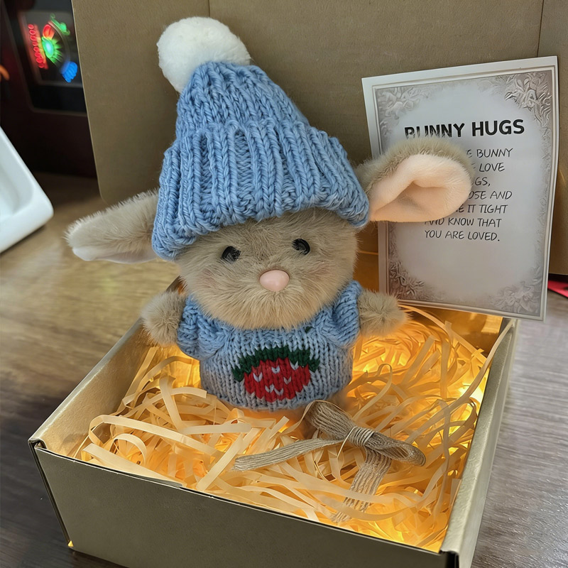 Mini Plush Bunny with Knitted Hat Mini Bunny Easter Gift Box Handmade Crochet Rabbit Plush Easter Gift