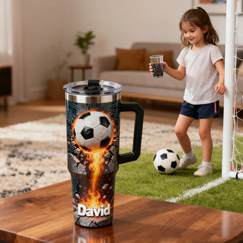 Personalized Soccer Tumbler with Custom Name and Flaming Ball Design for Fans and Athletes