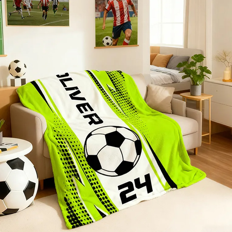Personalized Soccer Blanket with Custom Name and Jersey Number for Soccer Fans. 