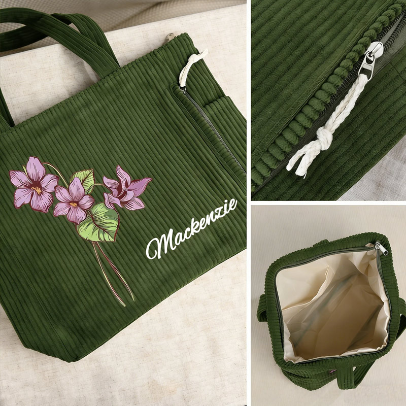 Personalized Birth Flower Corduroy Large Capacity Tote Bag with Name Daily Use Birthday Gift for Women