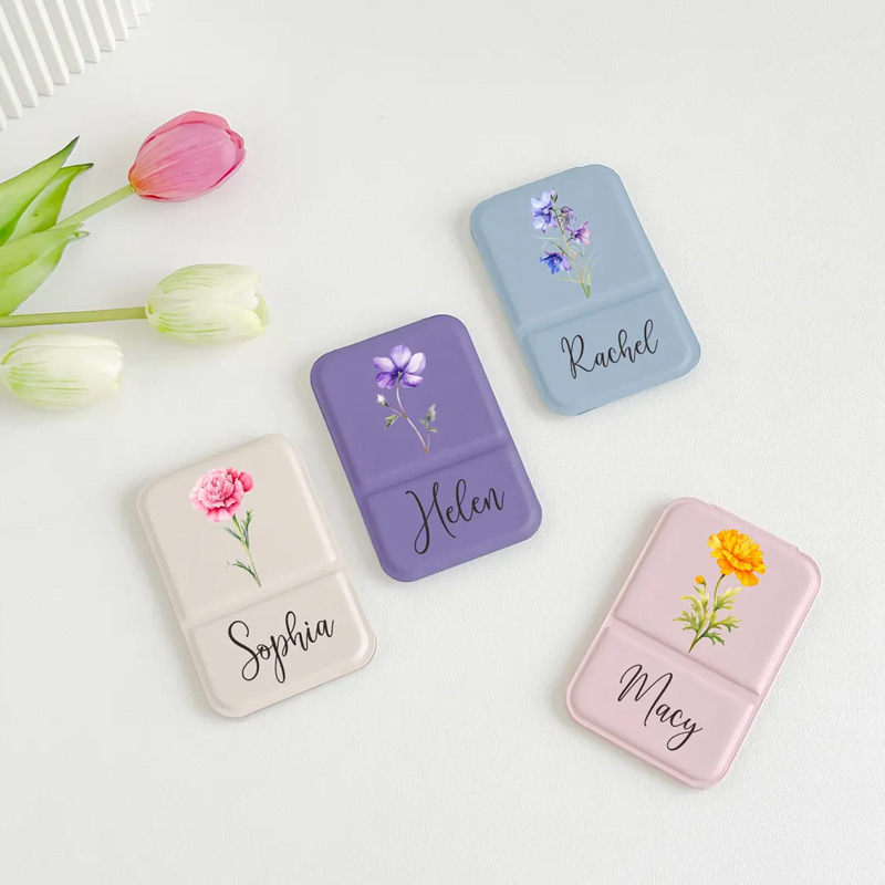 Personalized Square Makeup Mirror Pocket Mirror with Custom Birth Flower and Name Mother's Day Gift
